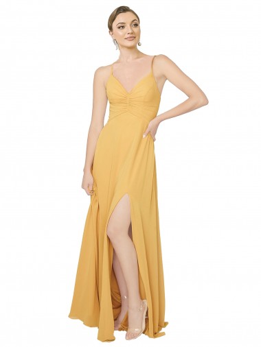 Sem Mangas Decote V Chiffon Açafrão Comprimento Chão Longo Vestidos de Madrinha Mais Barato