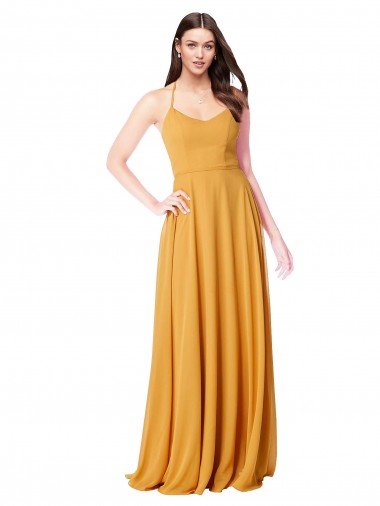 Sem Mangas Decote V Chiffon Açafrão Comprimento Chão Vestidos de Madrinha Mais Barato