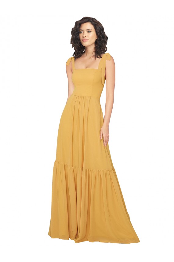 Sem Mangas Decote Quadrado Chiffon Açafrão Comprimento Chão Vestidos de Madrinha Mais Barato