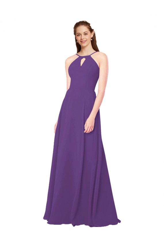 Sem Mangas Decote Alto Chiffon Ameixa Roxa Comprimento Chão Vestidos de Madrinha Mais Barato