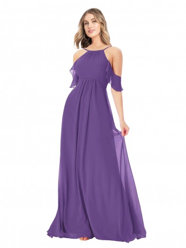 Ombro Frio Decote Alto Chiffon Ameixa Roxa Comprimento Chão Vestidos de Madrinha Mais Barato