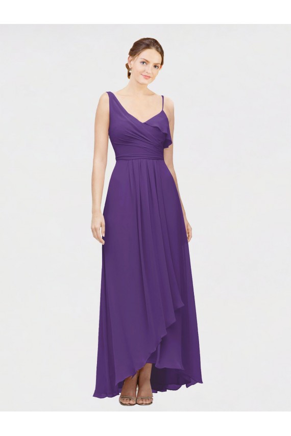 Sem Mangas Decote V Chiffon Ameixa Roxa Alto Baixo Alto Baixo, Vestidos de Madrinha Mais Barato