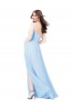 Sem Mangas Decote Quadrado Chiffon Azul Céu Claro Comprimento Chão Vestidos de Madrinha Mais Barato