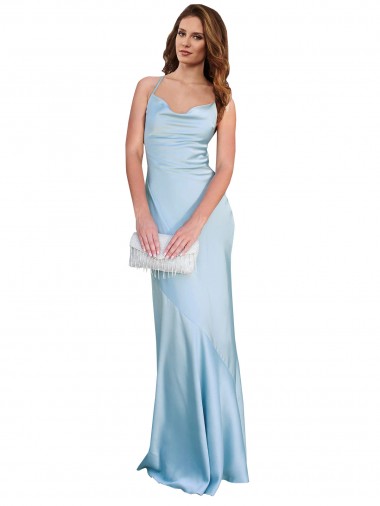 Sem Mangas Decote Capuz Cetim Sedoso Azul Céu Claro Comprimento Chão Vestidos de Madrinha / Vestidos de Noite / Vestidos de Festa Mais Barato