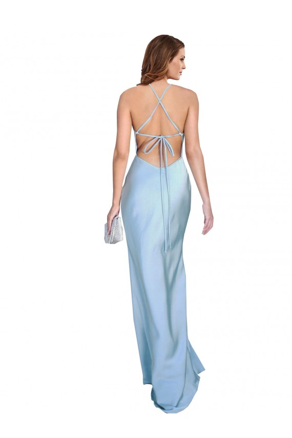 Sem Mangas Decote Capuz Cetim Sedoso Azul Céu Claro Comprimento Chão Vestidos de Madrinha / Vestidos de Noite / Vestidos de Festa Mais Barato