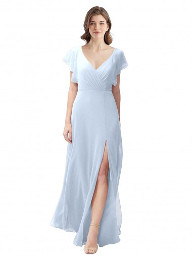 Mangas Esvoaçantes Decote V Chiffon Azul Céu Claro Comprimento Chão Longo Vestidos de Madrinha Mais Barato