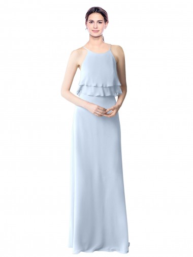 Sem Mangas Cabeçada Chiffon Azul Céu Claro Comprimento Chão Vestidos de Festa Mais Barato