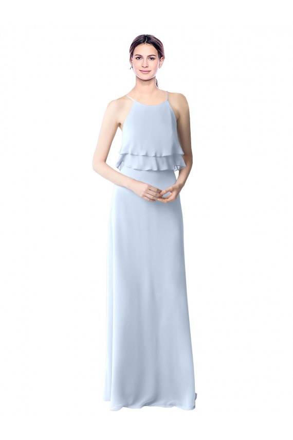 Sem Mangas Cabeçada Chiffon Azul Céu Claro Comprimento Chão Vestidos de Festa Mais Barato