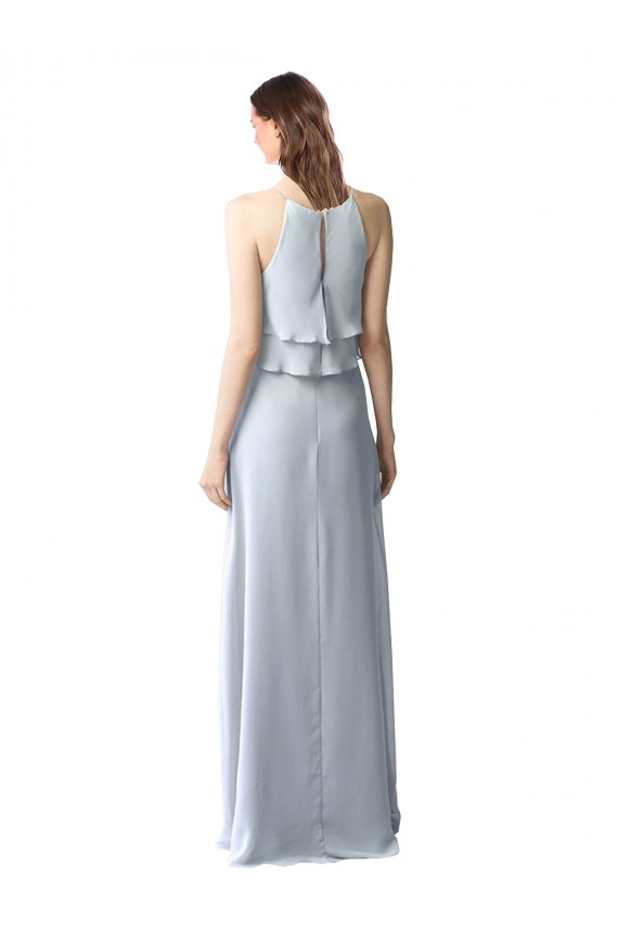 Sem Mangas Cabeçada Chiffon Azul Céu Claro Comprimento Chão Vestidos de Festa Mais Barato
