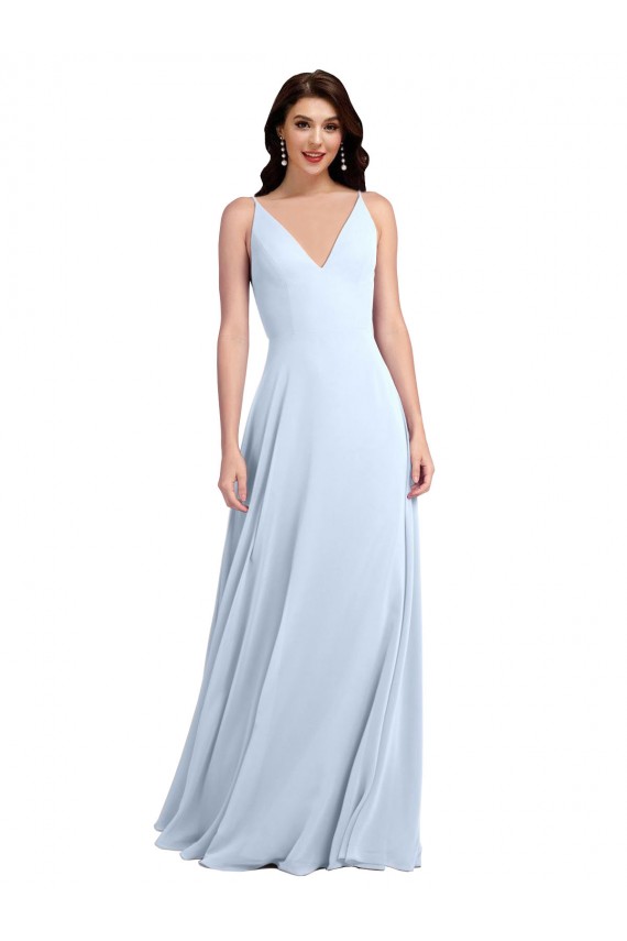 Sem Mangas Decote V Chiffon Azul Céu Claro Comprimento Chão Vestidos de Festa Mais Barato