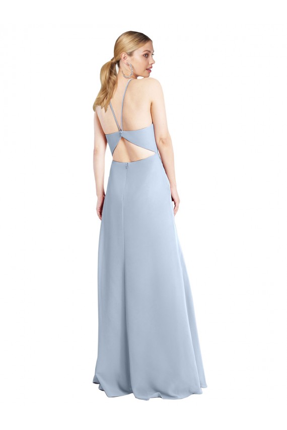 Sem Mangas Cabeçada Chiffon Azul Céu Claro Comprimento Chão Vestidos de Madrinha Mais Barato