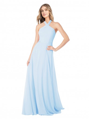 Sem Mangas Decote Alto Chiffon Azul Céu Claro Comprimento Chão Vestidos de Madrinha Mais Barato