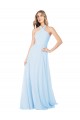 Sem Mangas Decote Alto Chiffon Azul Céu Claro Comprimento Chão Vestidos de Madrinha Mais Barato