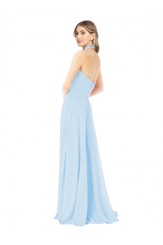 Sem Mangas Decote Alto Chiffon Azul Céu Claro Comprimento Chão Vestidos de Madrinha Mais Barato