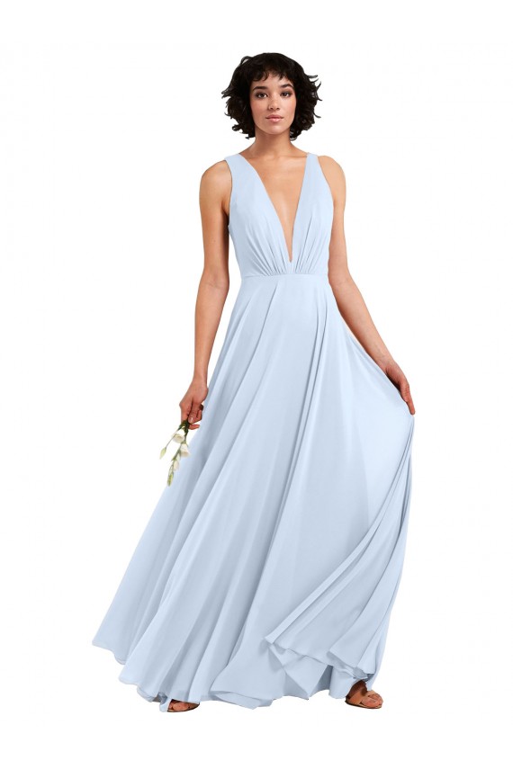 Sem Mangas Decote V Chiffon Azul Céu Claro Comprimento Chão Vestidos de Madrinha / Vestidos Formais Mais Barato