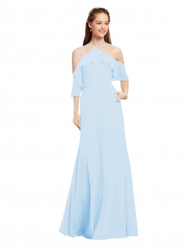 Ombro Frio Cabeçada Chiffon Azul Céu Claro Comprimento Chão Vestidos de Madrinha Mais Barato