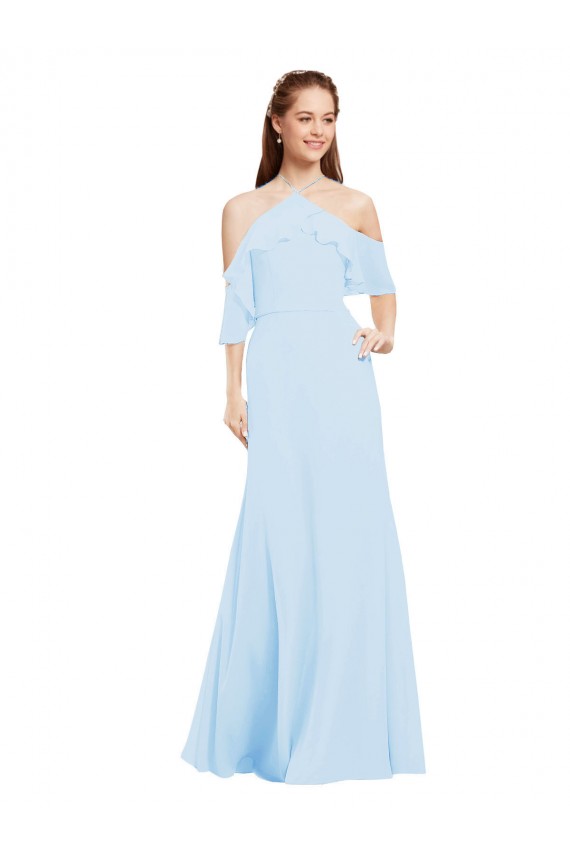 Ombro Frio Cabeçada Chiffon Azul Céu Claro Comprimento Chão Vestidos de Madrinha Mais Barato