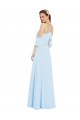 Ombro Frio Cabeçada Chiffon Azul Céu Claro Comprimento Chão Vestidos de Madrinha Mais Barato