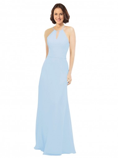 Sem Mangas Cabeçada Chiffon Azul Céu Claro Comprimento Chão Vestido de Madrinha / Vestido de Baile Mais Barato