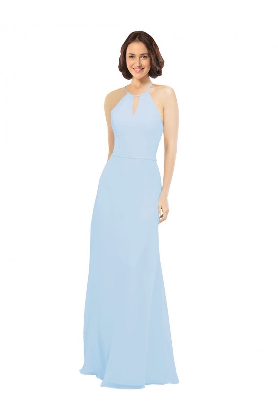 Sem Mangas Cabeçada Chiffon Azul Céu Claro Comprimento Chão Vestido de Madrinha / Vestido de Baile Mais Barato