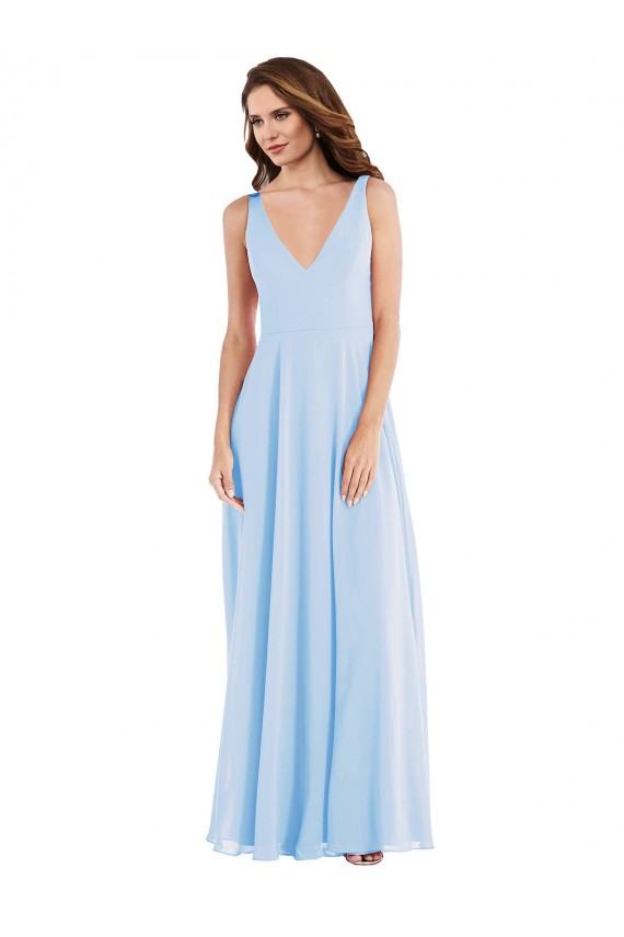 Sem Mangas Decote V Chiffon Azul Céu Claro Comprimento Chão Longo Vestido de Madrinha Mais Barato