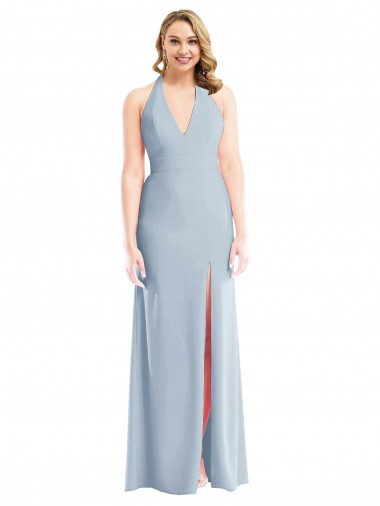 Sem Mangas Cabeçada Crepe Esticado Azul Céu Claro Comprimento Chão Vestidos de Madrinha / Vestidos de Festa Mais Barato