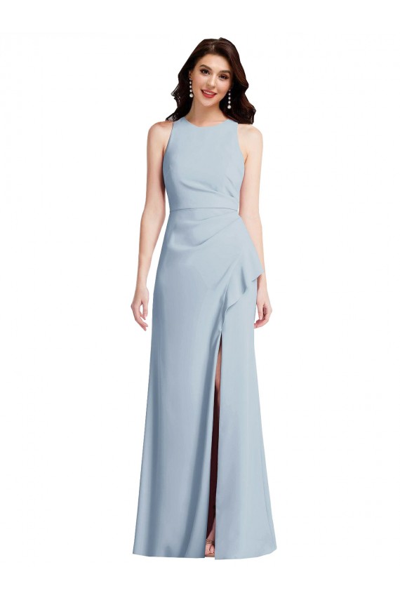 Sem Mangas Cabeçada Crepe Esticado Azul Céu Claro Comprimento Chão Trombeta Vestidos de Madrinha / Vestidos de Festa Mais Barato