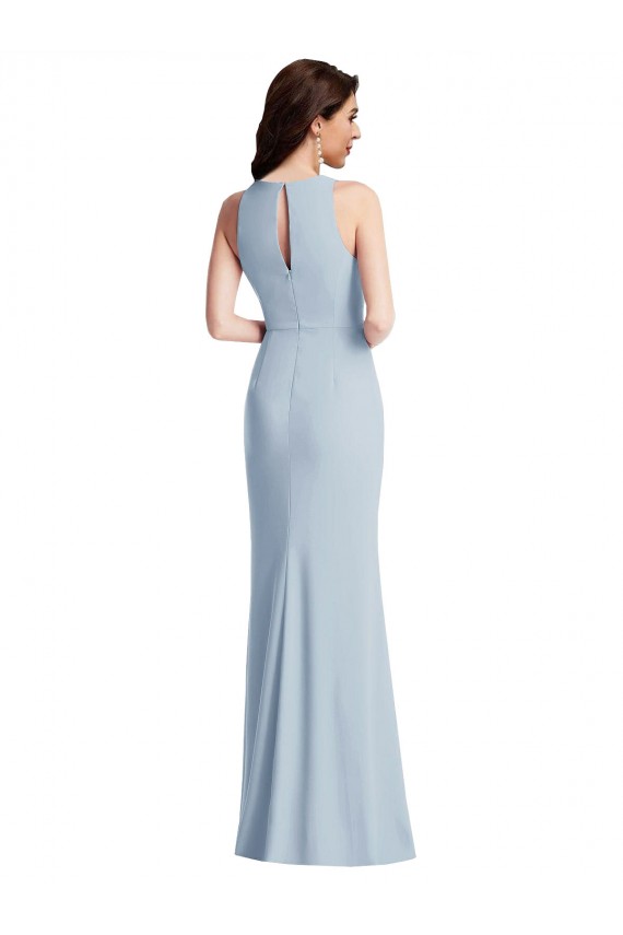 Sem Mangas Cabeçada Crepe Esticado Azul Céu Claro Comprimento Chão Trombeta Vestidos de Madrinha / Vestidos de Festa Mais Barato