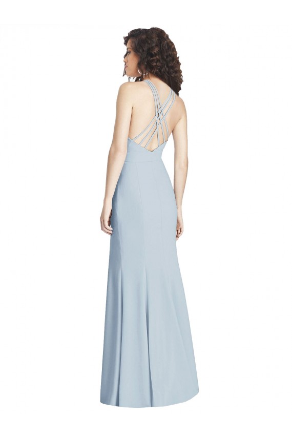 Sem Mangas Cabeçada Crepe Esticado Azul Céu Claro Comprimento Chão Trombeta Longo Vestidos de Madrinha / Vestidos de Festa Mais Barato