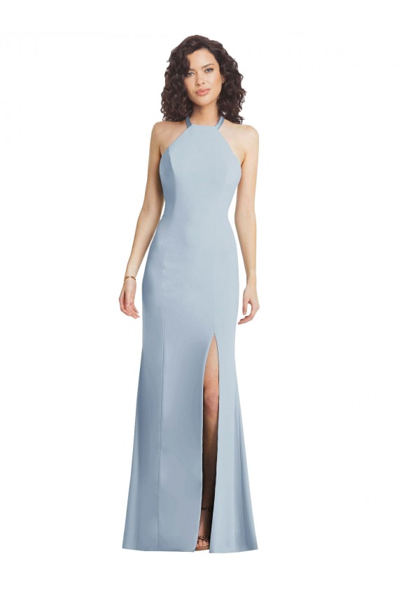 Sem Mangas Decote Alto Crepe Esticado Azul Céu Claro Comprimento Chão Vestidos de Madrinha / Vestidos de Noite / Vestidos de Festa Mais Barato