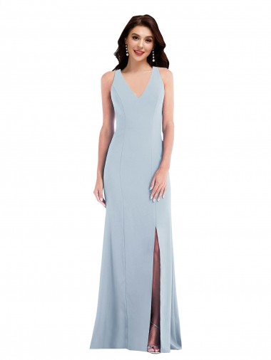 Sem Mangas Decote V Crepe Esticado Azul Céu Claro Comprimento Chão Trombeta Vestidos de Madrinha / Vestidos de Festa Mais Barato