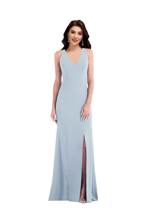 Sem Mangas Decote V Crepe Esticado Azul Céu Claro Comprimento Chão Trombeta Vestidos de Madrinha / Vestidos de Festa Mais Barato
