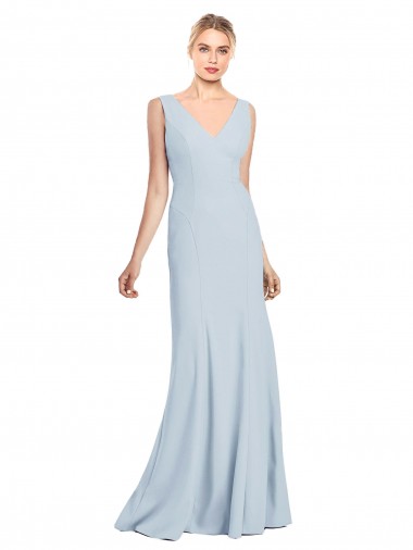 Sem Mangas Decote V Crepe Esticado Azul Céu Claro Comprimento Chão Trombeta Longo Vestidos de Madrinha / Vestidos de Festa Mais Barato