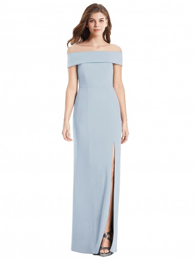 Sem Mangas Fora do Ombro Crepe Esticado Azul Céu Claro Comprimento Chão Longo Vestidos de Madrinha / Vestidos de Festa Mais Barato