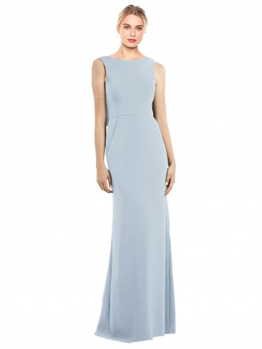 Sem Mangas Barco Crepe Esticado Azul Céu Claro Comprimento Chão Vestidos de Madrinha / Vestidos de Festa Mais Barato