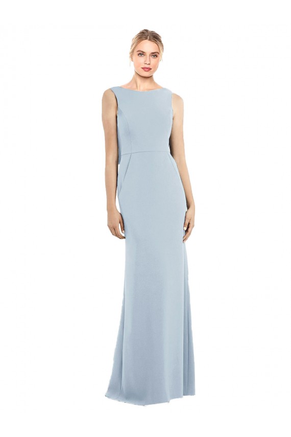 Sem Mangas Barco Crepe Esticado Azul Céu Claro Comprimento Chão Vestidos de Madrinha / Vestidos de Festa Mais Barato