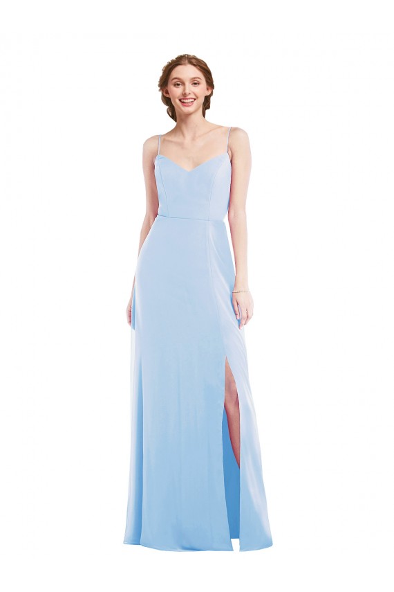 Sem Mangas Decote V Chiffon Azul Céu Claro Comprimento Chão Vestidos de Madrinha / Vestidos de Noite Mais Barato