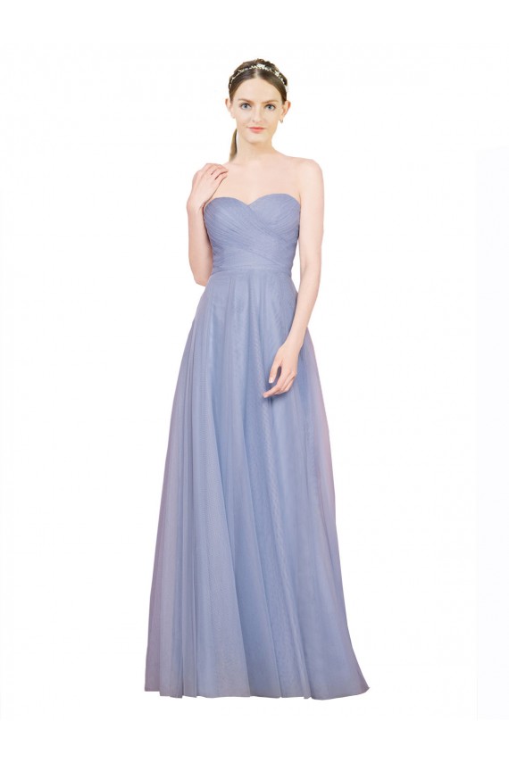 Sem Mangas Sem alças Tule Azul Céu Claro Comprimento Chão Longo Vestidos de Madrinha Mais Barato