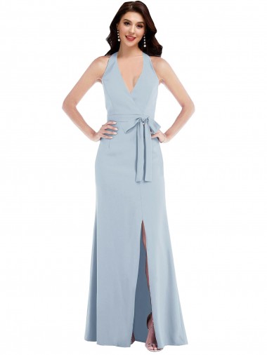 Sem Mangas Decote V Crepe Esticado Azul Céu Claro Comprimento Chão Vestidos de Madrinha / Vestidos de Noite / Vestidos de Festa Mais Barato