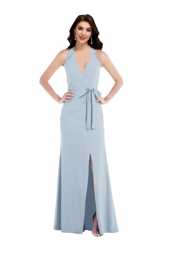 Sem Mangas Decote V Crepe Esticado Azul Céu Claro Comprimento Chão Vestidos de Madrinha / Vestidos de Noite / Vestidos de Festa Mais Barato