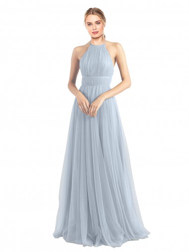 Sem Mangas Cabeçada Tule Azul Céu Claro Comprimento Chão Vestidos de Madrinha Mais Barato