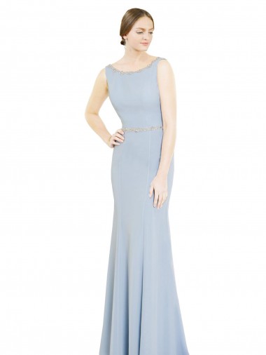 Sem Mangas Decote Alto Chiffon Azul Céu Claro Comprimento Chão Longo Vestidos de Madrinha Mais Barato