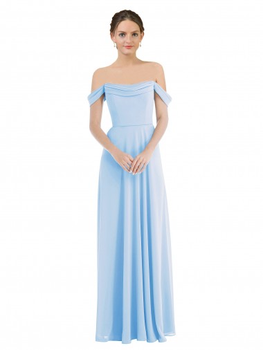 Sem Mangas Fora do Ombro Chiffon Azul Céu Claro Comprimento Chão Vestidos de Madrinha / Vestidos de Noite Mais Barato