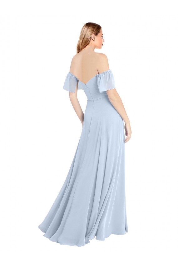 Mangas Esvoaçantes Decote Quadrado Chiffon Azul Céu Claro Comprimento Chão Vestidos de Madrinha Mais Barato