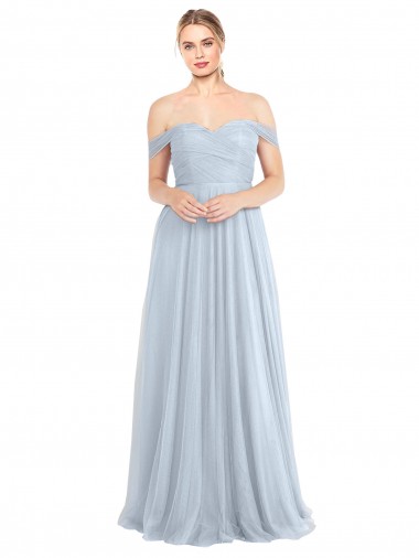 Sem Mangas Sem alças Tule Azul Céu Claro Comprimento Chão Vestidos de Madrinha Mais Barato