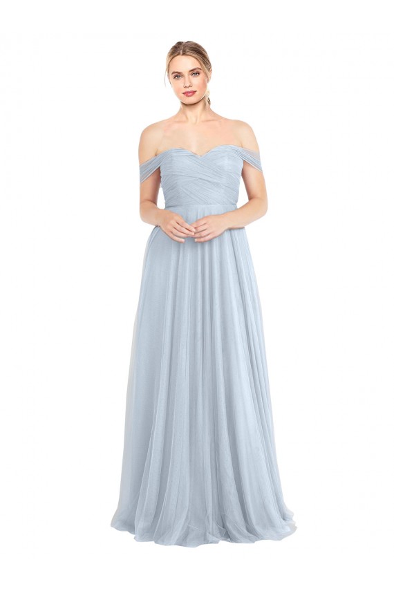 Sem Mangas Sem alças Tule Azul Céu Claro Comprimento Chão Vestidos de Madrinha Mais Barato