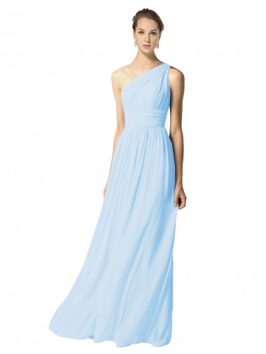 Sem Mangas Um Ombro Chiffon Azul Céu Claro Comprimento Chão Vestidos de Madrinha Mais Barato