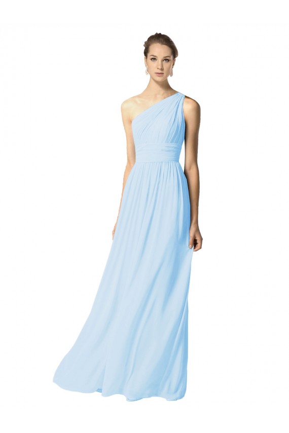 Sem Mangas Um Ombro Chiffon Azul Céu Claro Comprimento Chão Vestidos de Madrinha Mais Barato
