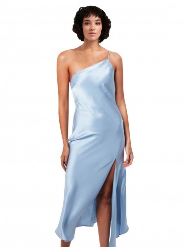 Sem Mangas Um Ombro Cetim Sedoso Azul Céu Claro Comprimento Midi Vestidos de Madrinha / Vestidos de Noite / Vestidos de Festa Mais Barato