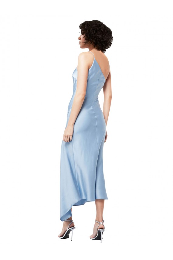 Sem Mangas Um Ombro Cetim Sedoso Azul Céu Claro Comprimento Midi Vestidos de Madrinha / Vestidos de Noite / Vestidos de Festa Mais Barato